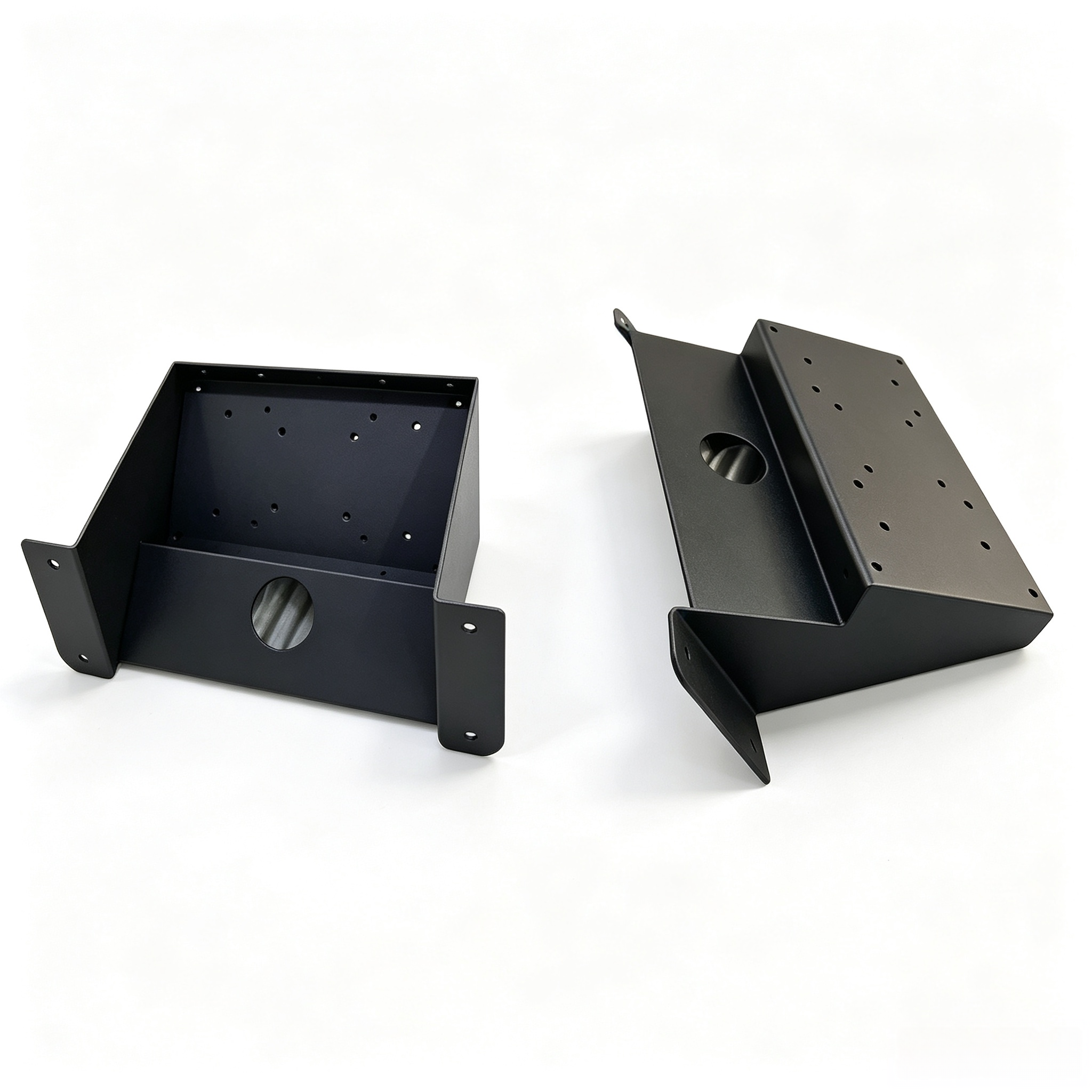Custom black powder coated sheet metal chassis, laser cut iron enclosure with mounting holes